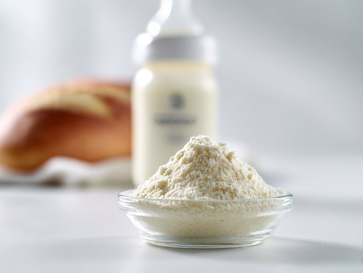 Fine demineralized whey powder in sharp focus in a glass bowl, with a baby bottle and a loaf of bread softly blurred in the background