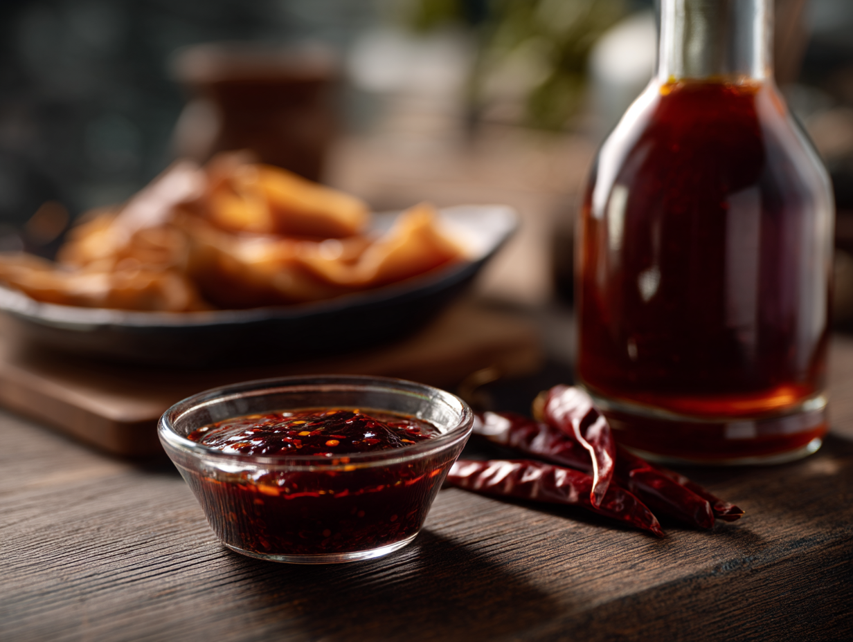 Red Capsicum Oleoresin and dried red chilies in focus, with a bottle of hot sauce and a bowl of spicy wontons softly blurred in the background.