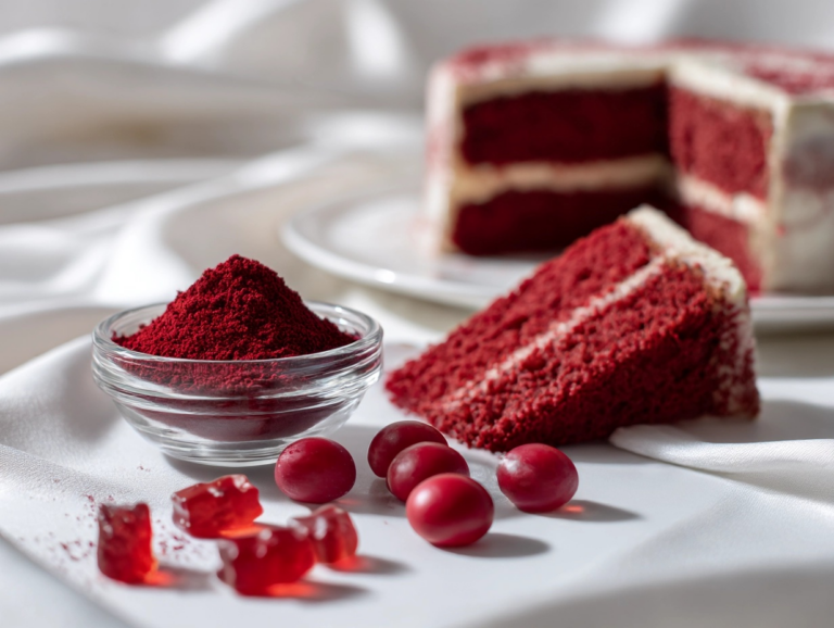 Top-down flat lay showing deep red Carmine powder, assorted red gummy bears and hard candies, and a slice of red velvet cake on a white table.