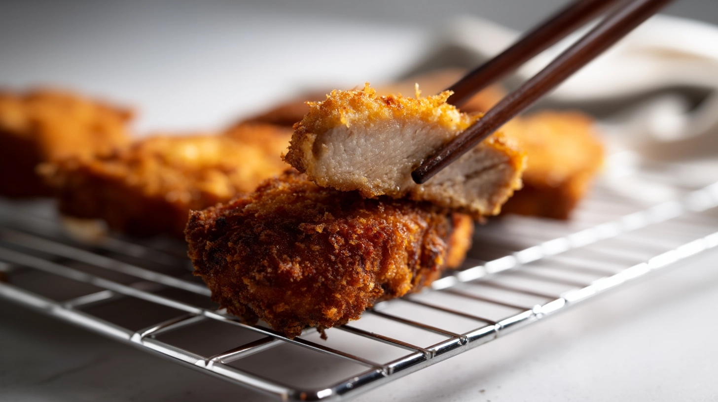 Dramatic close-up highlighting the ultra-crispy golden texture of a piece of pork chop, revealing tender meat inside