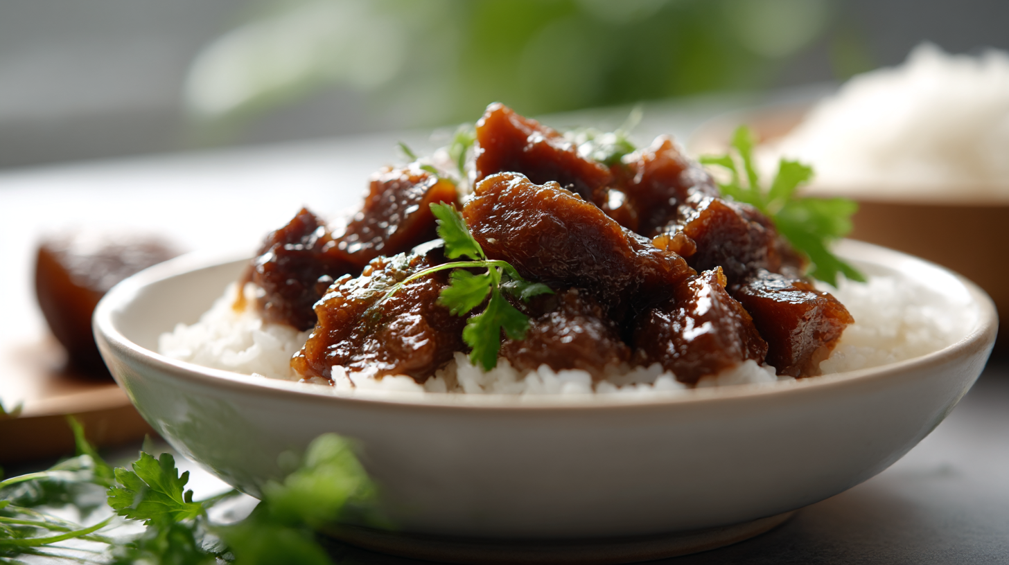 Close-up of a bowl of rice topped with glistening, rich plant-based braised plant meat sauce, emphasizing a succulent texture and mouthfeel.