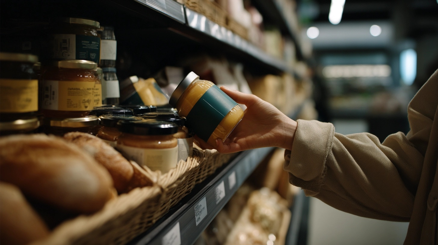 Close-up of a hand choosing a food product with a minimalist clean label from a shelf, representing consumer trust and preference for natural options.