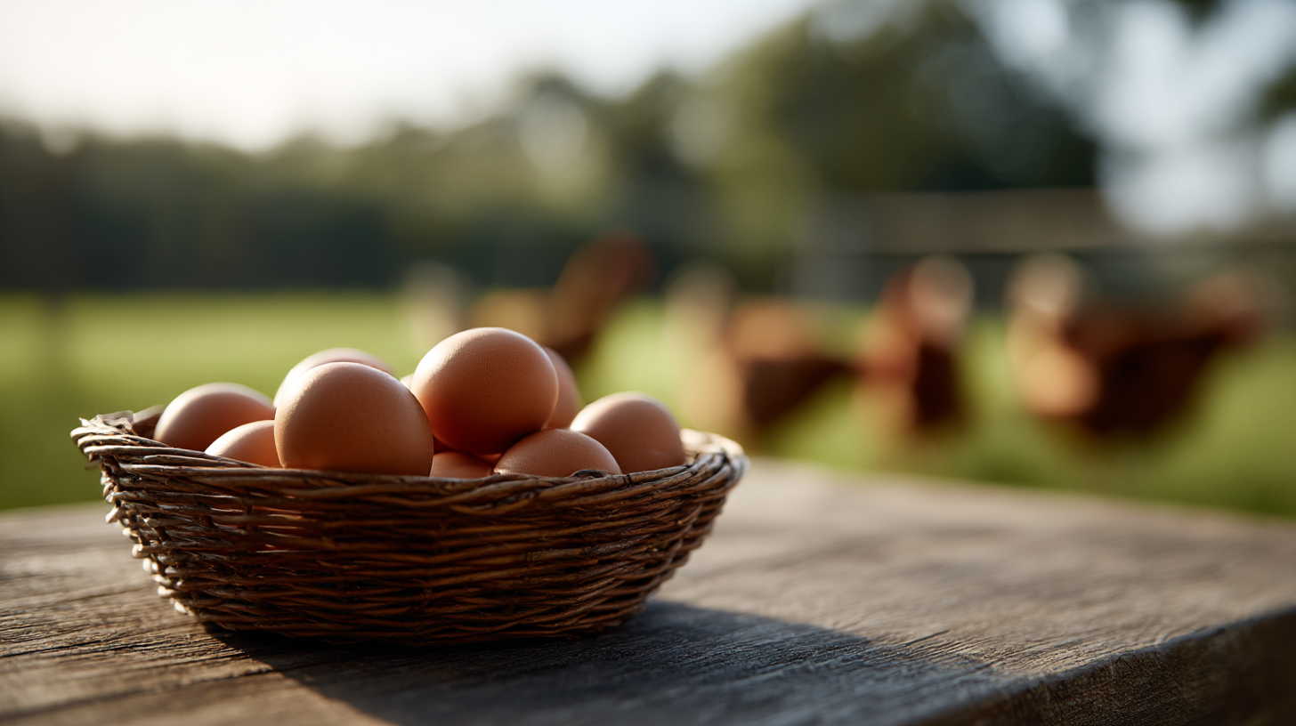 brown eggs in a basket in front of free range chickens on a farm