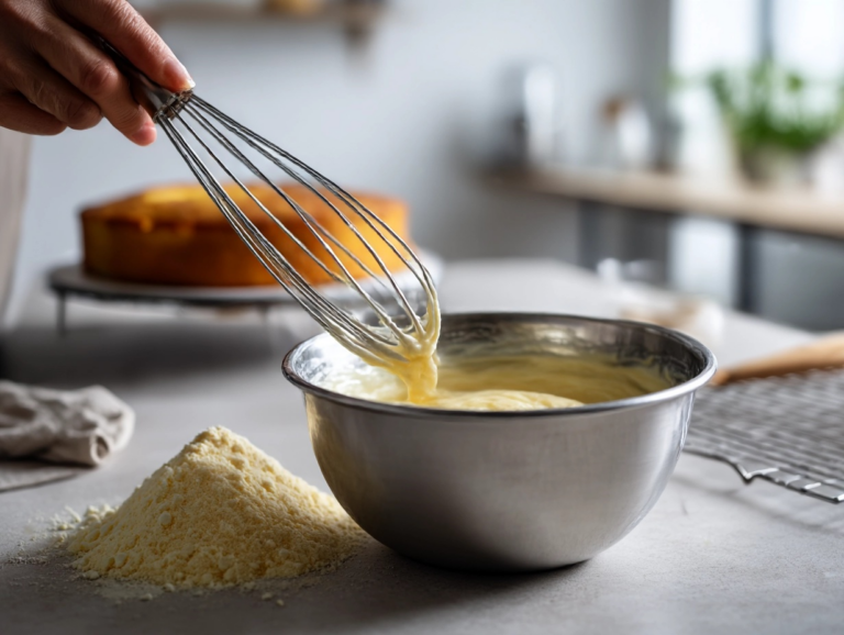 Close-up of hands whisking yellow batter in a steel bowl within a bakery kitchen, an egg powder container sits beside the bowl, and a sponge cake cools blurred in the background.