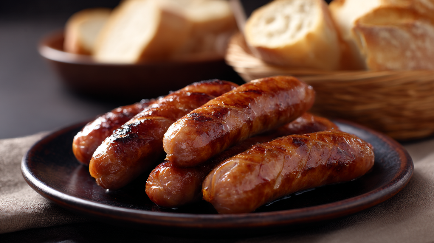 Close-up of juicy, perfectly grilled sausages featured prominently on a dark plate, with a basket of artisan bread blurred in the background.