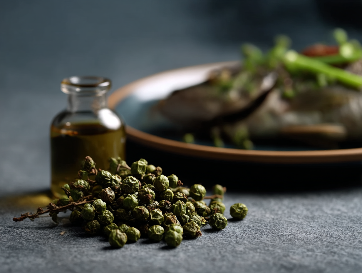 Green Sichuan Oleoresin and green Sichuan peppercorns in sharp focus, with steamed fish and clear soup softly blurred in the background.