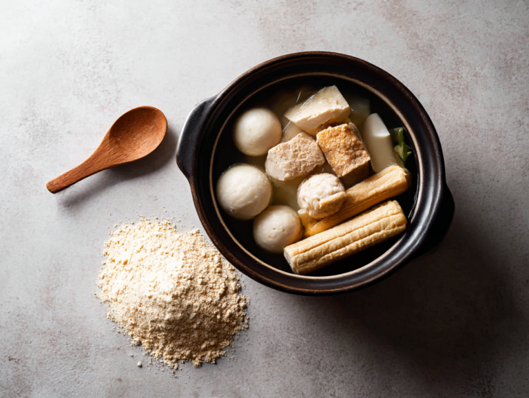 Food photography of white powder in a bowl with Korean rice cakes, fish balls, and square meat pieces in a soup, on a grey background with a wooden spoon next to it