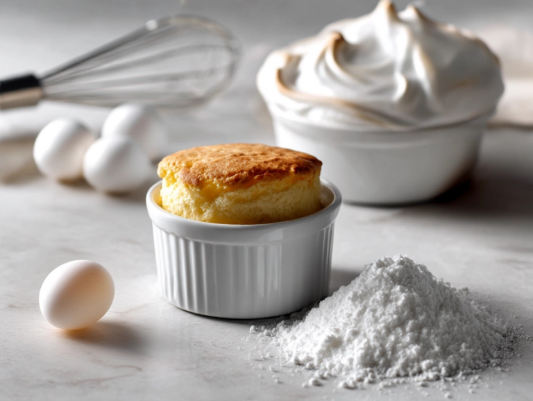 Soufflé with meringue, eggs, and egg white powder on a white marble table, macro photography.