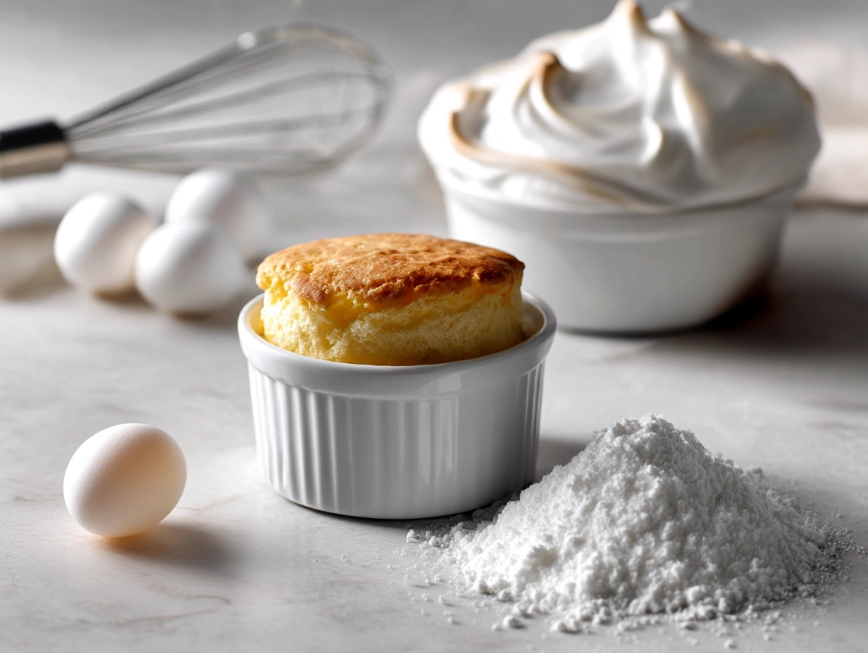 Soufflé with meringue, eggs, and egg white powder on a white marble table, macro photography.