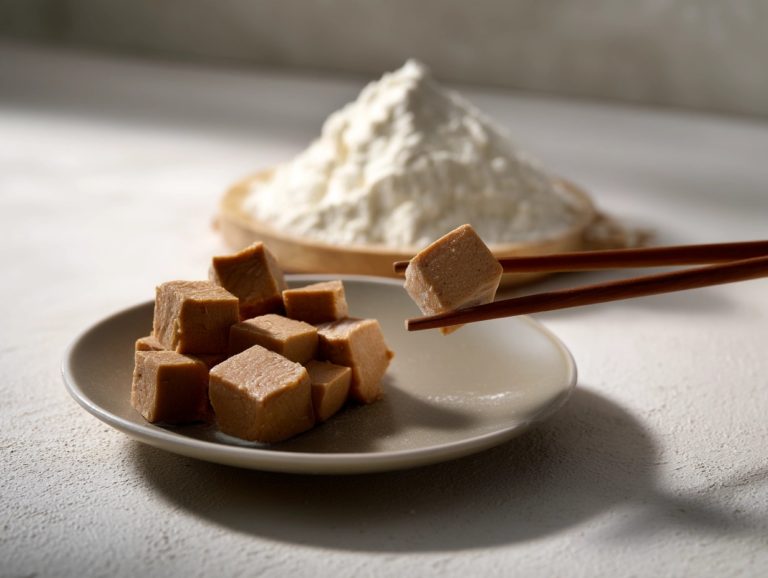 egg white cube being held by chopsticks with egg white powder in the background