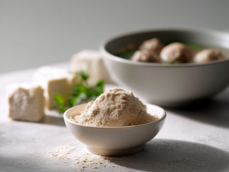 A bowl of white powder, next to it is a meatball with a savory broth and some cubed cake on the table.