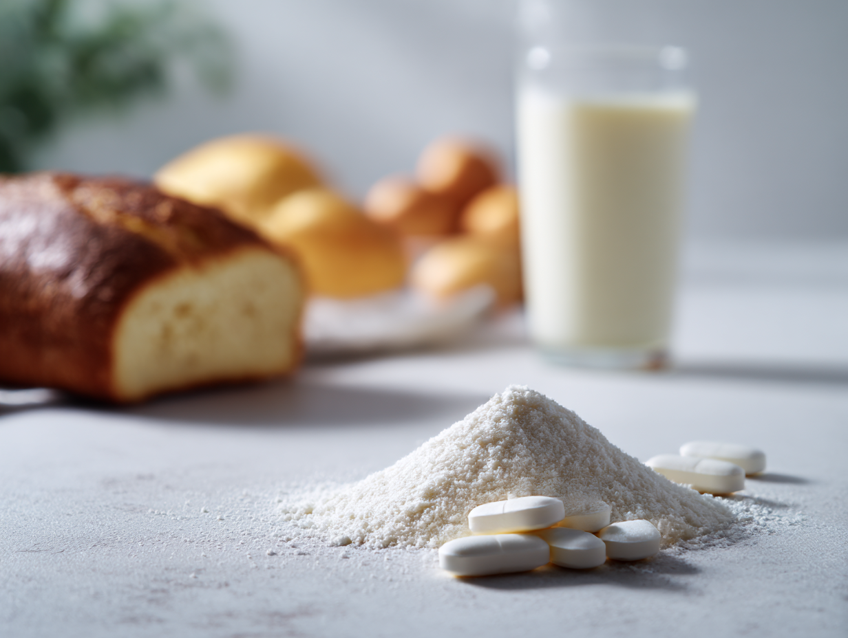 White lactose powder and supplement pills in sharp focus in the foreground, with heavily blurred abstract colors and shapes suggesting baked goods, drinks, and in the distant background.