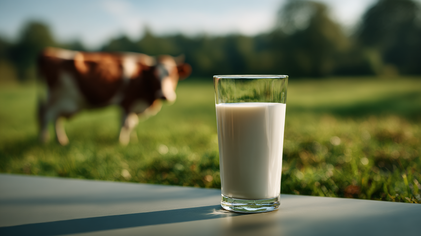 Glass of milk in front of a cow in pasture