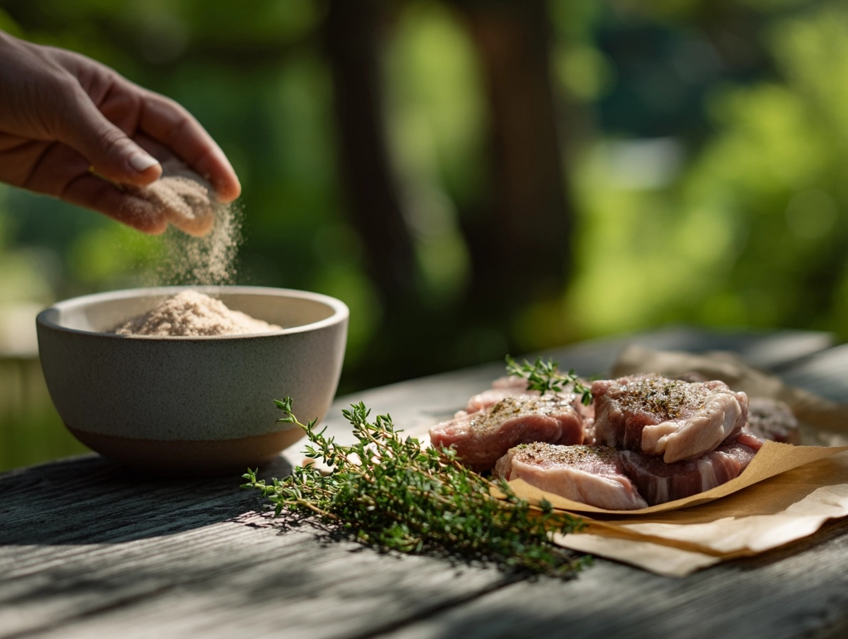 No-phosphate marinating powder in a bowl on an outdoor table, beside hand scattering marinade onto pork chops, with fresh thyme and a green foliage background.