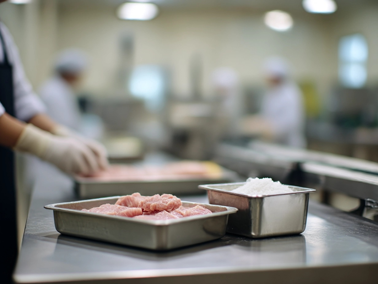 Marinating raw pork slices in a bento factory prep area, with a box of marinating powder nearby and the assembly line blurred in the background.