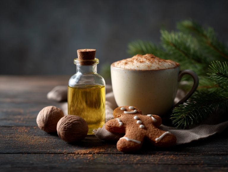 a small bottle of nutmeg oil, whole nutmegs, a mug of eggnog, and gingerbread cookies on a dark wood surface