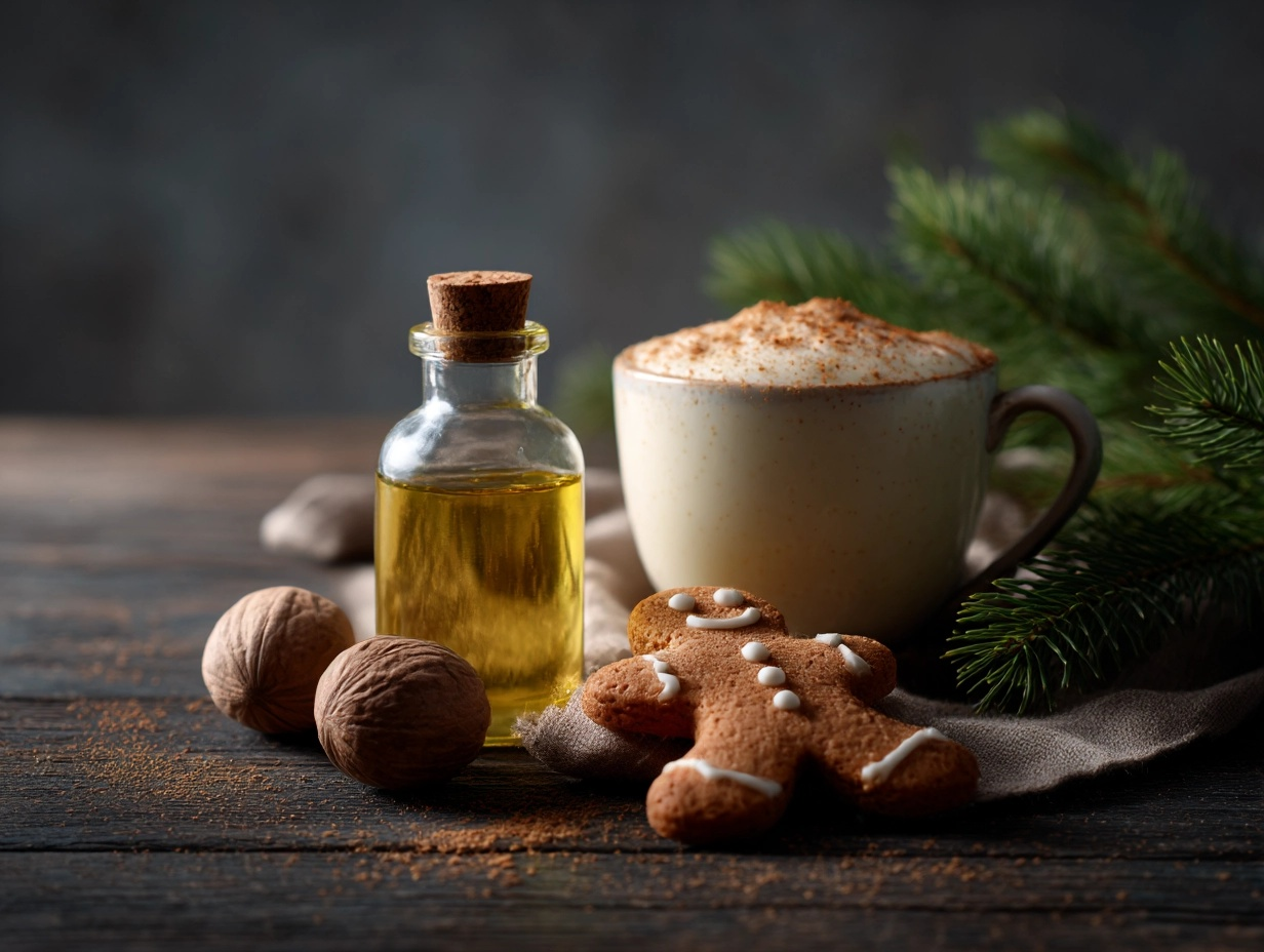 a small bottle of nutmeg oil, whole nutmegs, a mug of eggnog, and gingerbread cookies on a dark wood surface