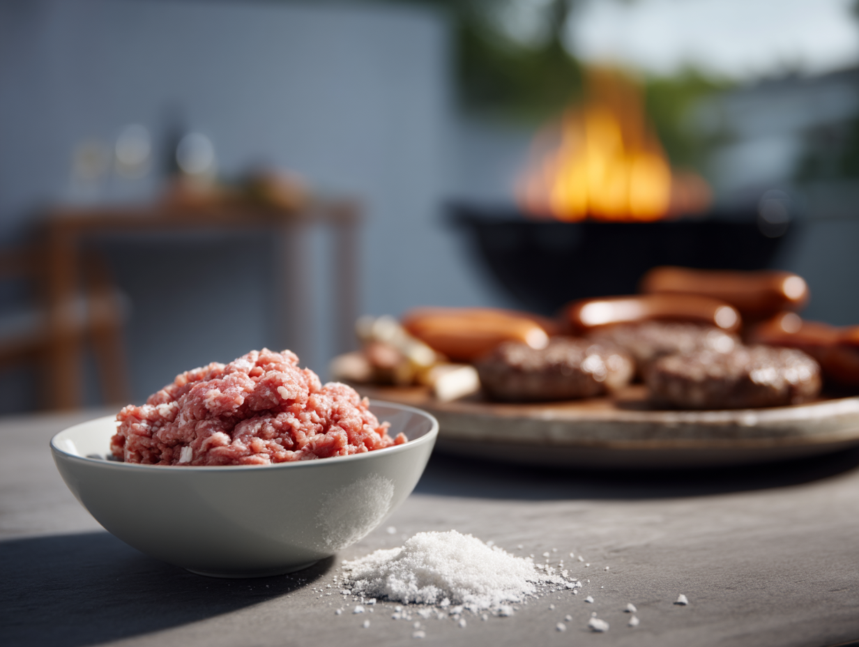 Bowl of ground meat and nutmeg powder in sharp focus, with a plate of bbq meat and grill in a background.