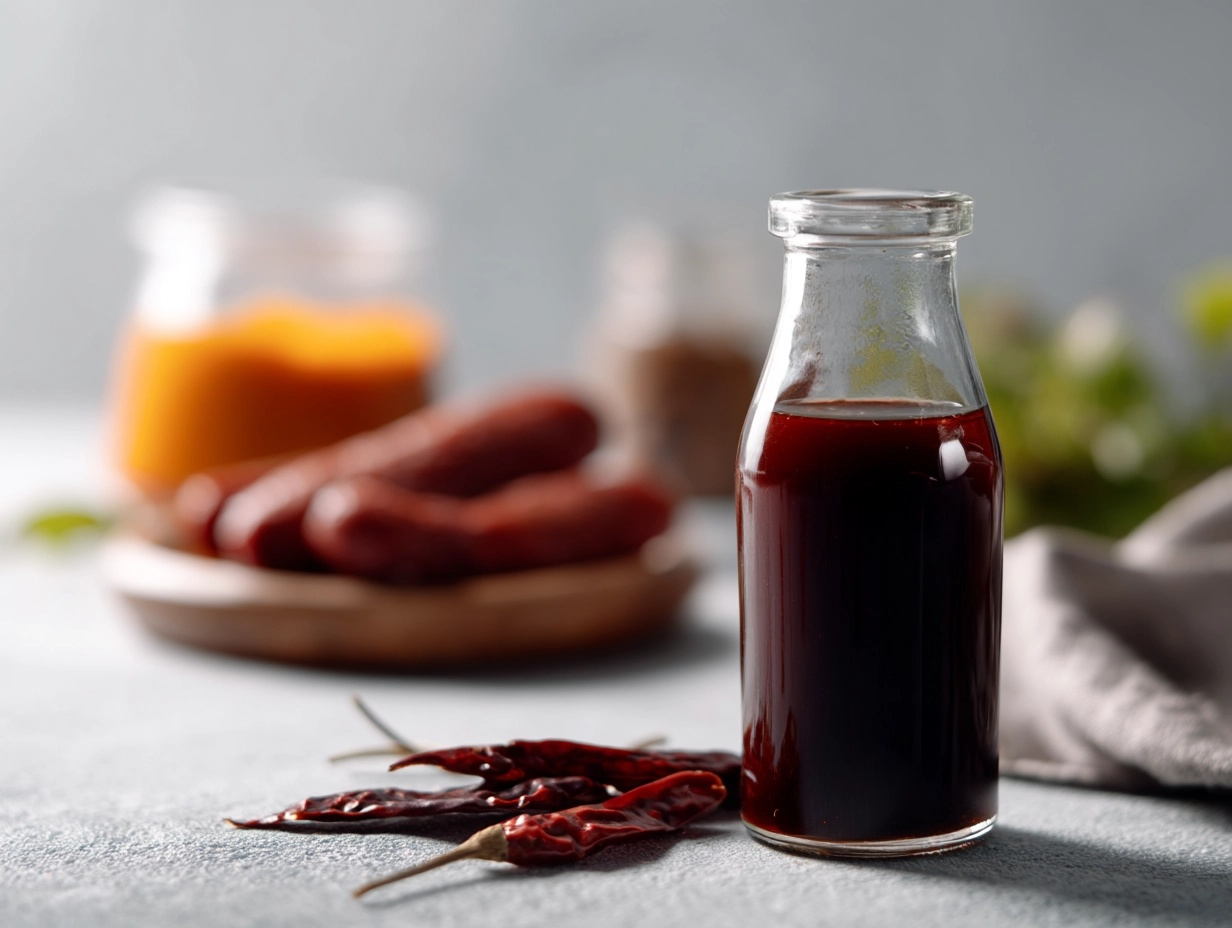 Image show Paprika Oleoresin, dried paprika pods, sausage, and orange-red salad dressing, highlighting its use as a food colorant