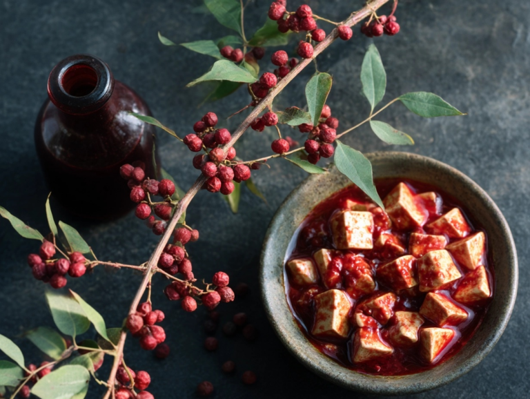 Flat lay photograph on a dark, textured slate surface. Features a small, dark brown glass bottle with a branch of shichuan pepper. A rustic ceramic bowl brimming with Mapo Tofu showing deep red oil and tofu cubes. Whole dried Sichuan peppercorns are scattered artfully around the central items
