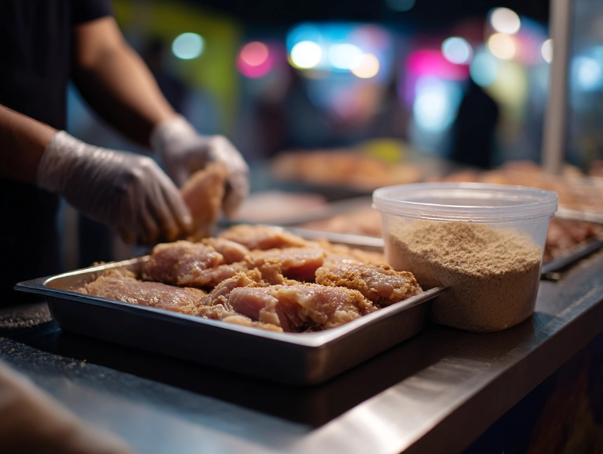 Close-up view of gloved hands marinating raw chicken cutlets (Ji Pai) on a night market stall counter, with a large container of marinating powder clearly visible.