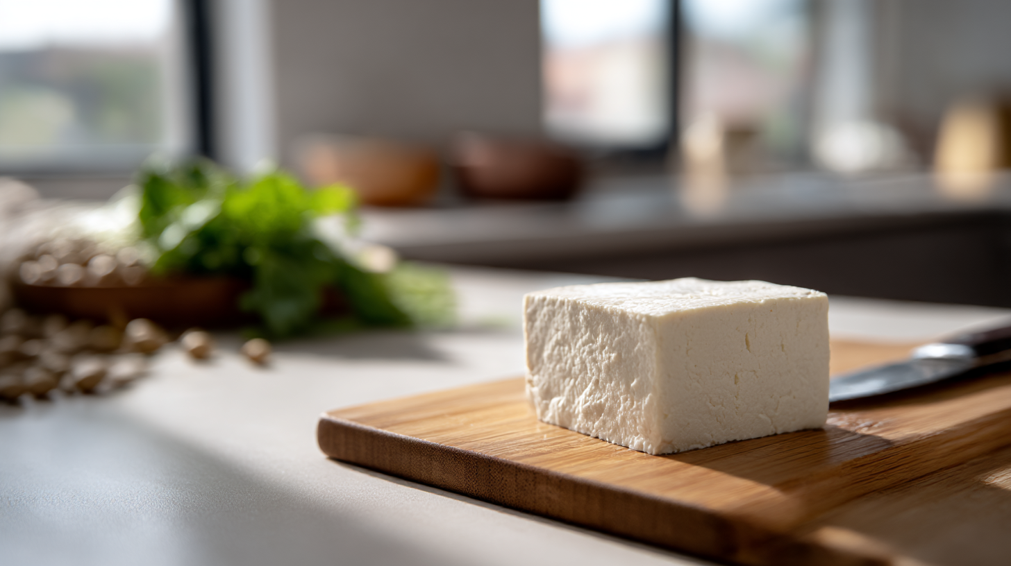 A block of fresh white tofu sits on a clean wooden cutting board, glistening slightly under bright, natural window light.