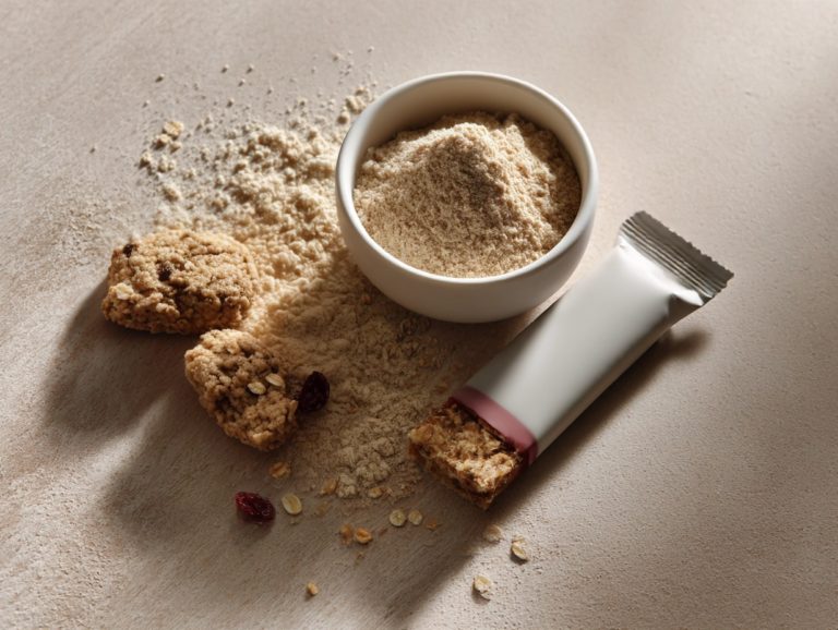Flat lay on light wood showing soy fiber powder, two oatmeal cookies with seeds, and a nutrition bar with nuts and cranberries, representing healthy fiber applications.