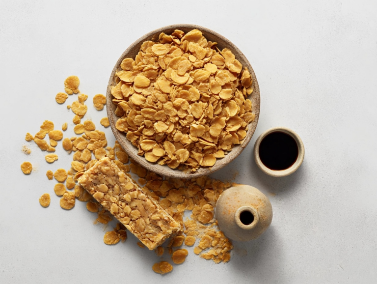 Flat lay showing baked soy flakes and a granola bar grouped in one area, distinctly separate from a small bottle and dish of soy sauce in another area