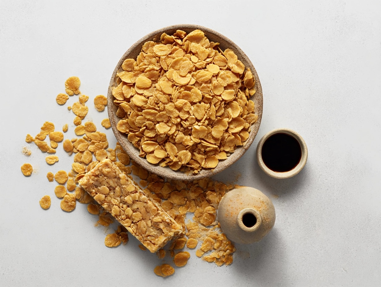Flat lay showing baked soy flakes and a granola bar grouped in one area, distinctly separate from a small bottle and dish of soy sauce in another area