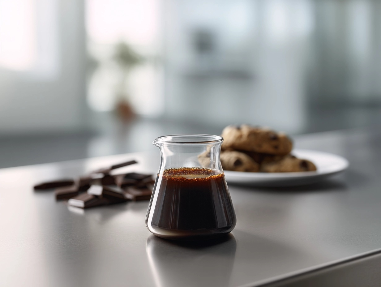 Beaker of liquid soy lecithin in sharp focus, with dark chocolate pieces and chocolate chip cookies softly blurred in the background.