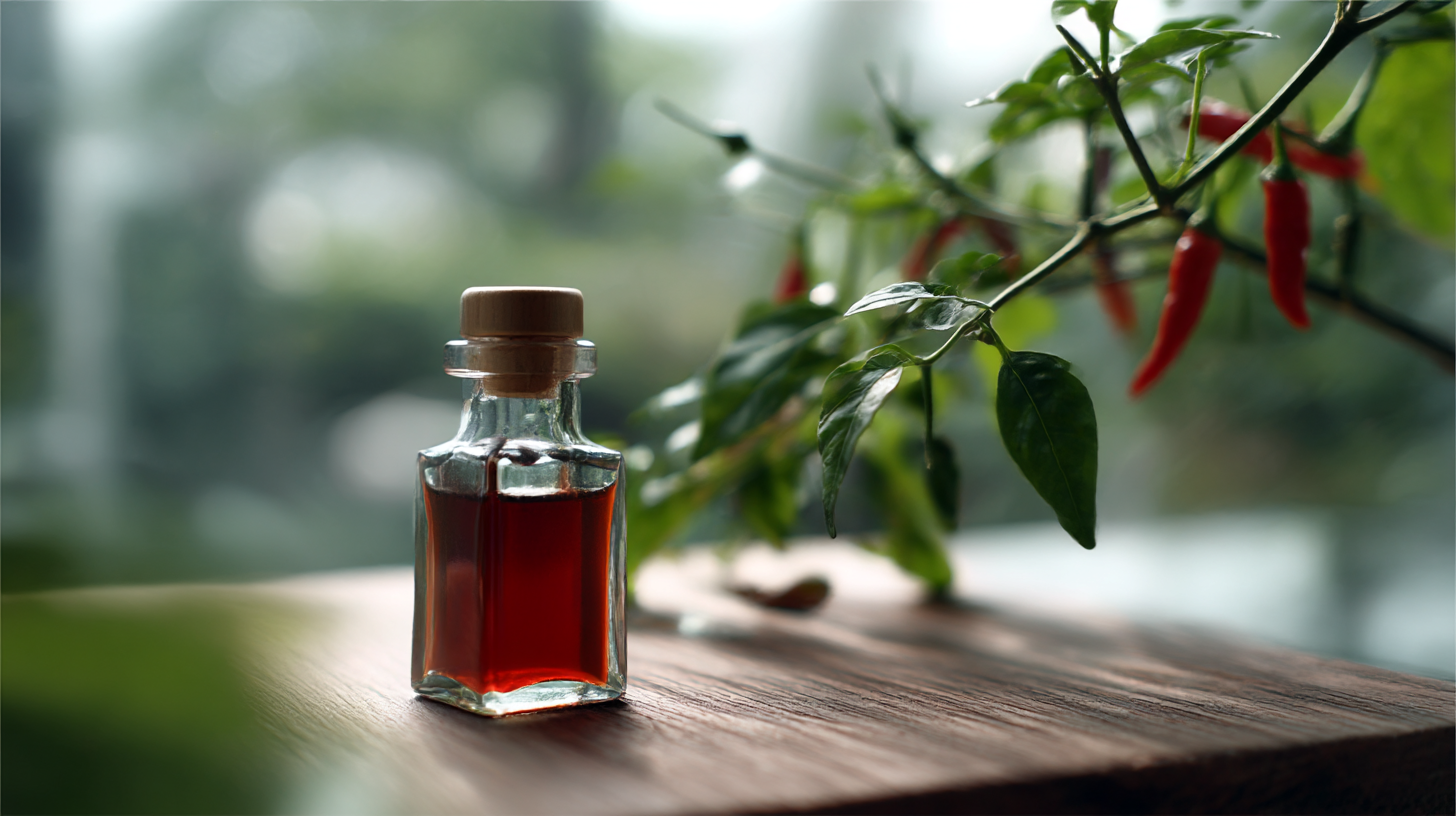A clear bottle of red chili extract in focus on a wooden table, with blurred green chili fruit on a plant stem in the background.
