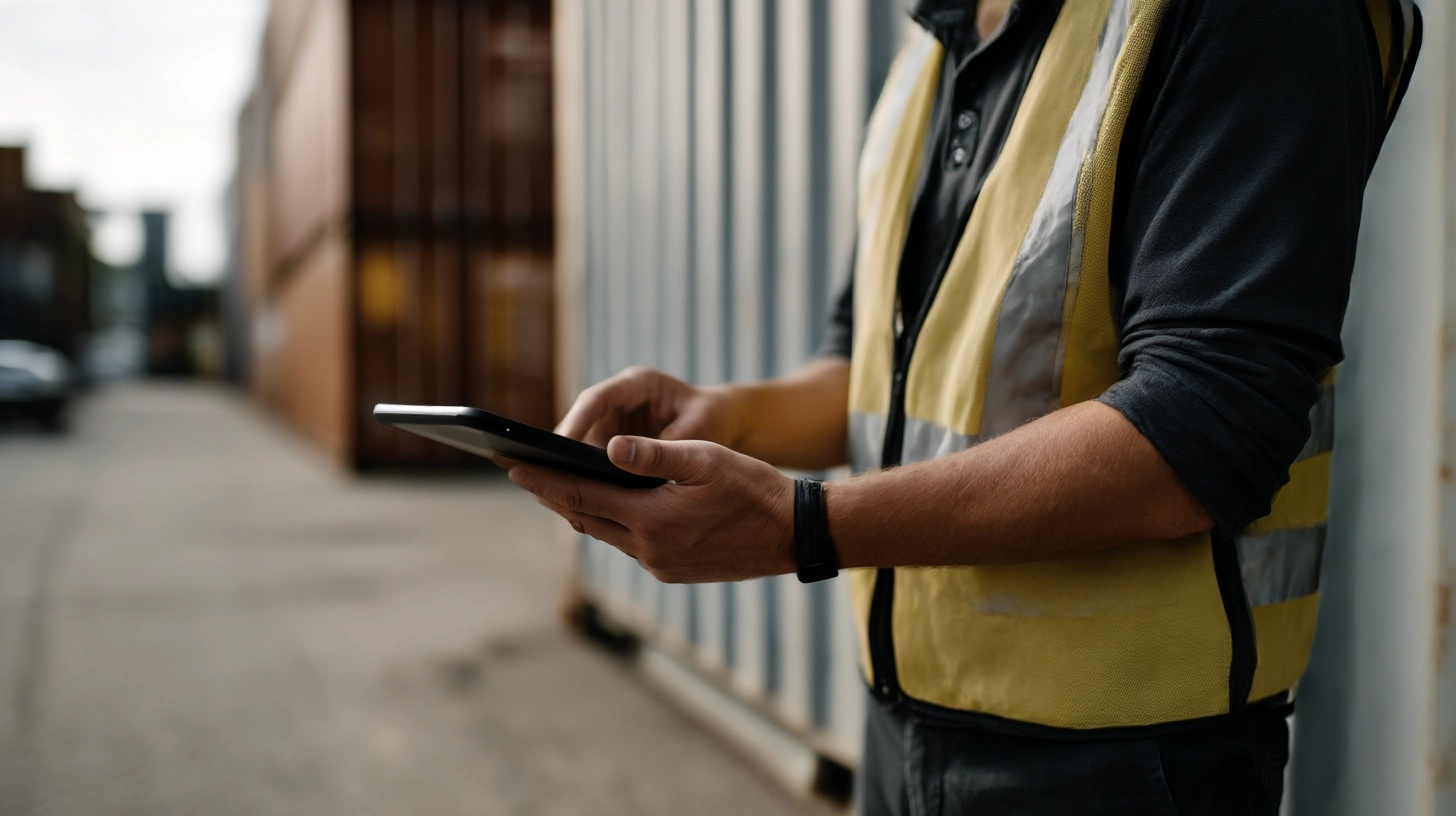 Port worker with a digital tablet showing a checkmark inspects a shipping container, symbolizing supply chain safety, compliance, and traceability.