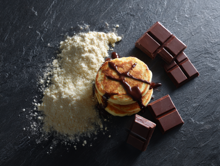 Flat lay on dark slate showing sweet whey powder, pancakes with chocolate drizzle, and squares of dark chocolate under warm light