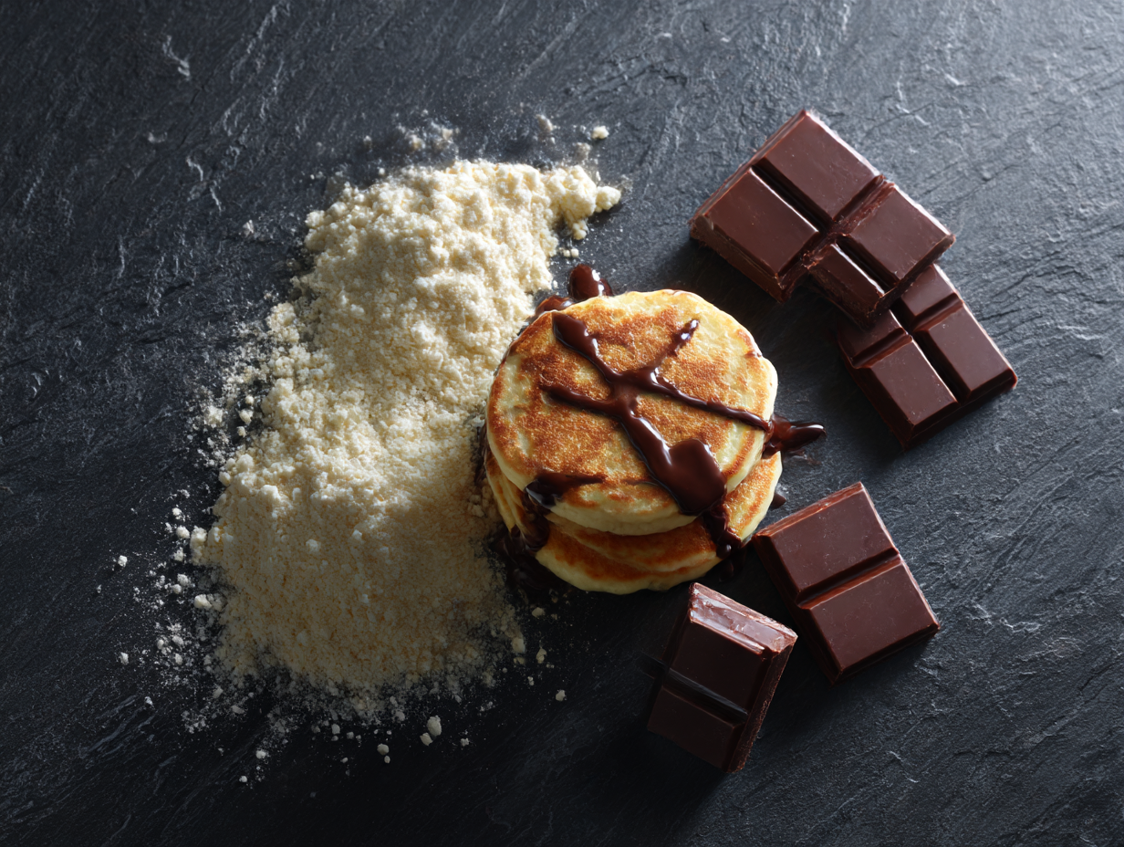 Flat lay on dark slate showing sweet whey powder, pancakes with chocolate drizzle, and squares of dark chocolate under warm light