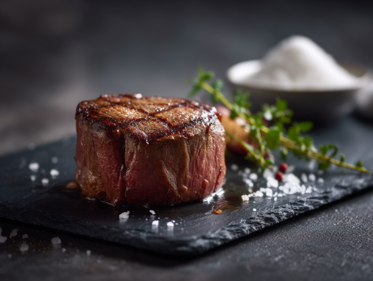 A perfectly uniform, thick-cut seared beef fillet mignon steak beside a pile of Transglutaminase powder.