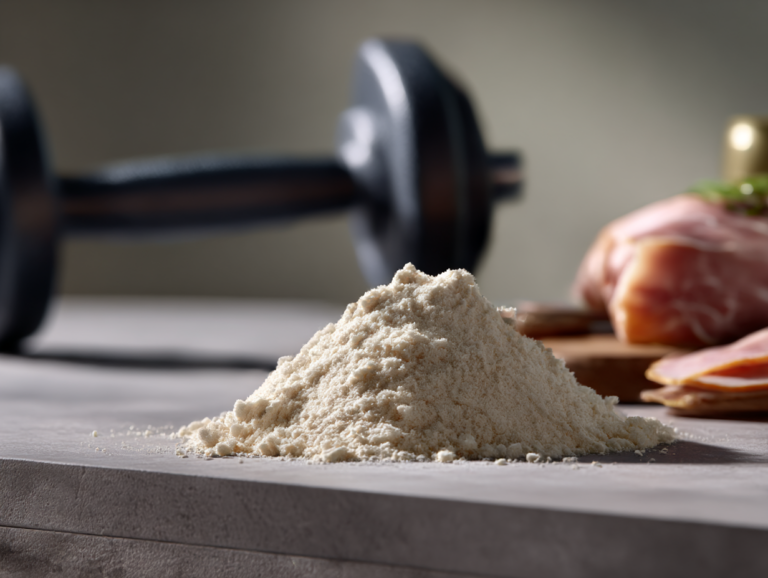 Whey protein powder container in focus on a foreground shelf, with a dumbbell and ham displayed separately on blurred background
