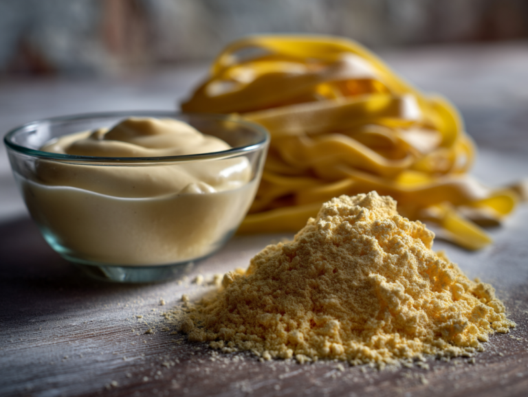 Food photography featuring a powder yellow-colored substance on a table, with mayonnaise and pasta in the background.