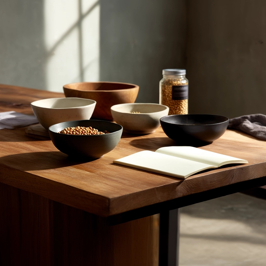 Overhead view of a warm wooden dining table featuring sketches resembling food formulas and bowls of raw ingredients, symbolizing the company's origins.
