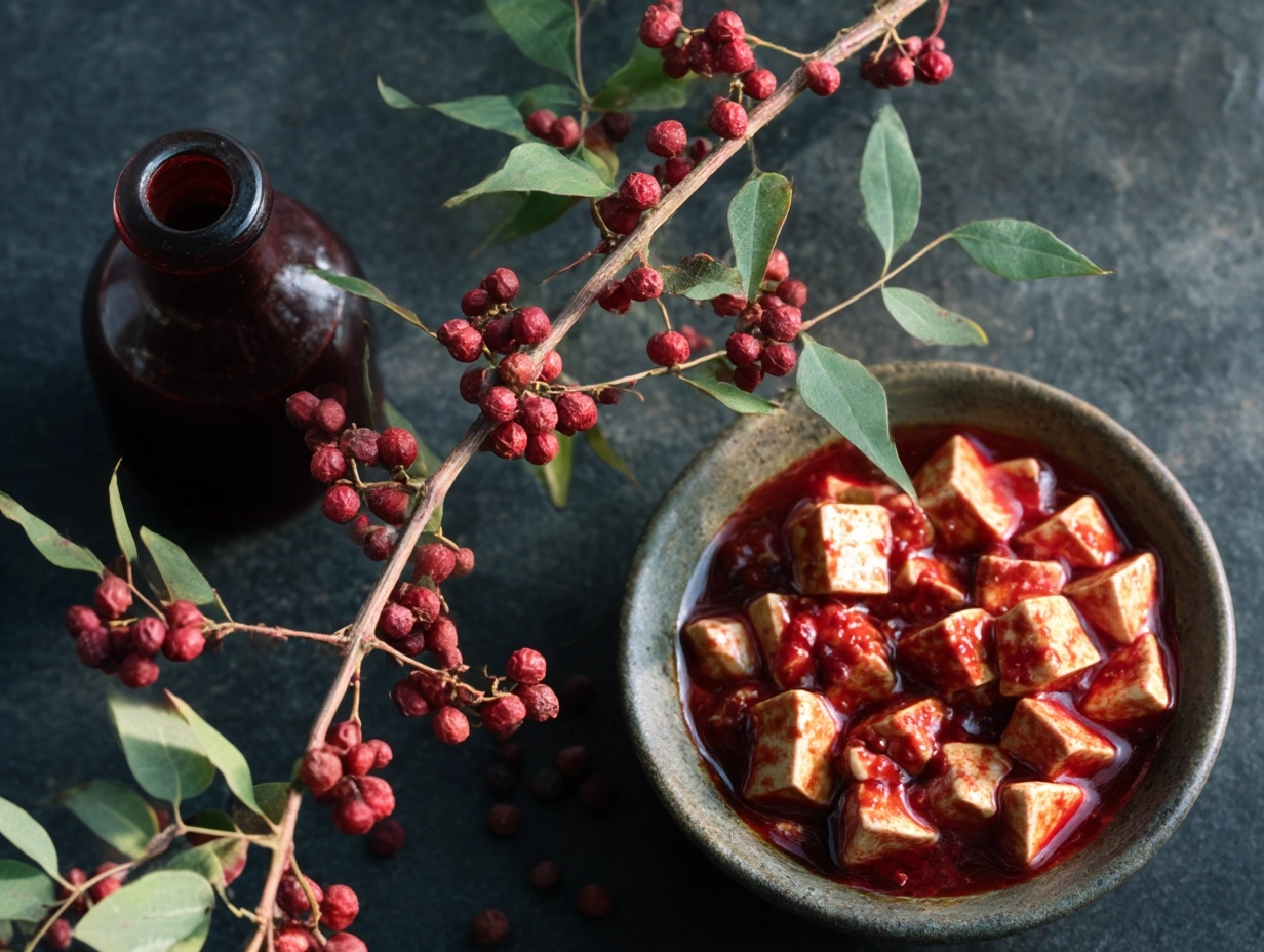 Flat lay photograph on a dark, textured slate surface. Features a small, dark brown glass bottle with a branch of shichuan pepper. A rustic ceramic bowl brimming with Mapo Tofu showing deep red oil and tofu cubes. Whole dried Sichuan peppercorns are scattered artfully around the central items