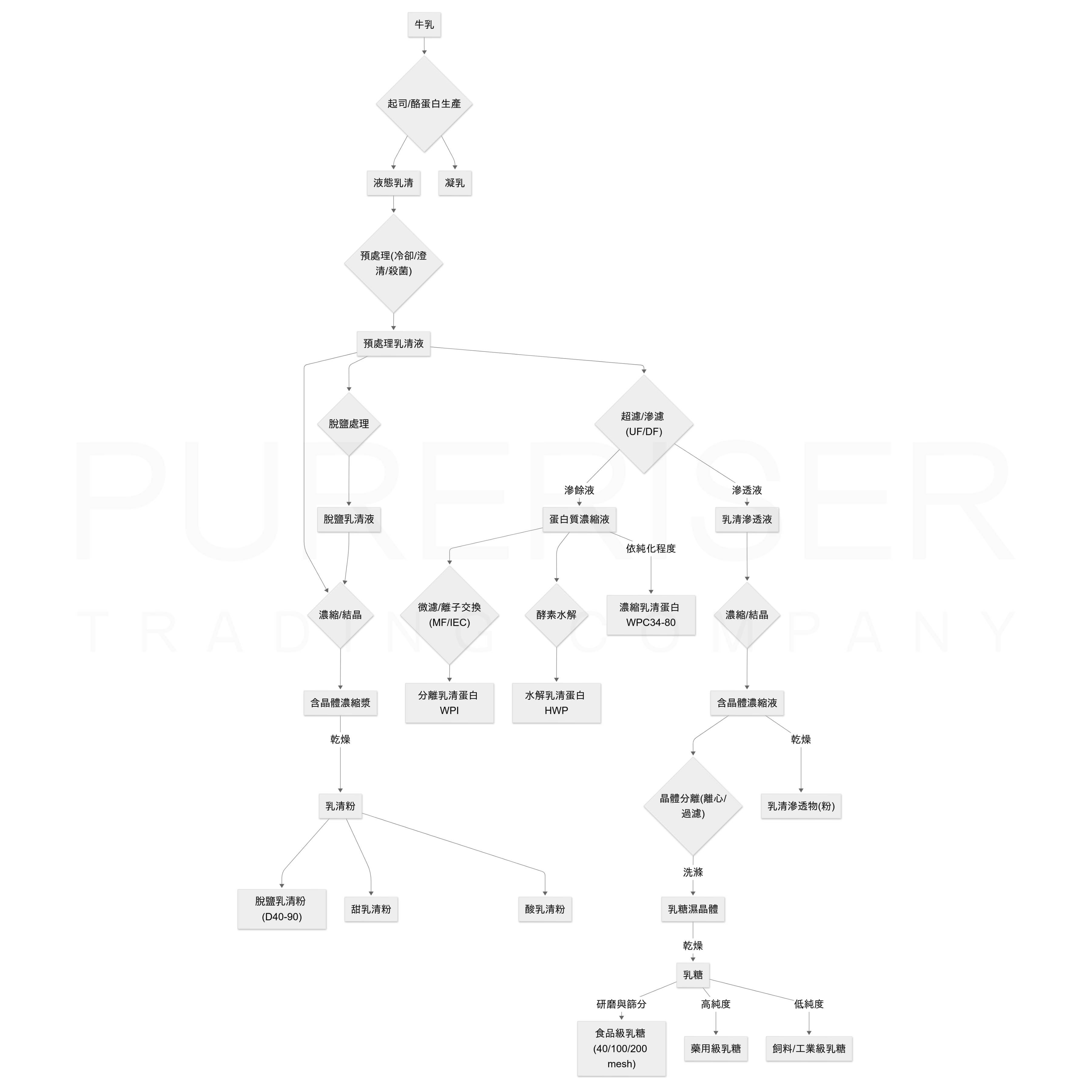 中文流程圖，展示了從牛乳開始的乳製品加工過程。主要路徑包括：1. 起司與酪蛋白生產，產生液態乳清和凝乳。2. 液態乳清經預處理後，可進一步加工成不同類型的乳清粉（包括甜乳清粉、酸乳清粉及經脫鹽處理的脫鹽乳清粉，共同經過濃縮、結晶和乾燥步驟）。3. 預處理乳清液也可進入超濾/滲濾階段，產生蛋白質濃縮液和乳清滲透液。4. 蛋白質濃縮液可加工成不同級別的濃縮乳清蛋白（WPC34-80）、經純化成分離乳清蛋白（WPI），或經酵素水解成水解乳清蛋白（HWP）。5. 乳清滲透液則用於生產乳清滲透物粉末或不同級別的乳糖（食品級、藥用級、飼料/工業級）。