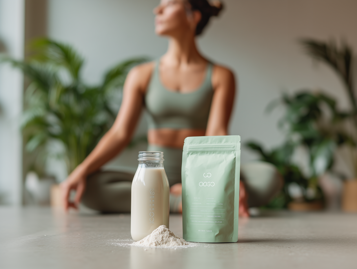 Photograph of a clear glass bottle, a light sage green packet, and some soy protein isolate powder mounded in the foreground with a woman in yoga outfit sitting in the background.